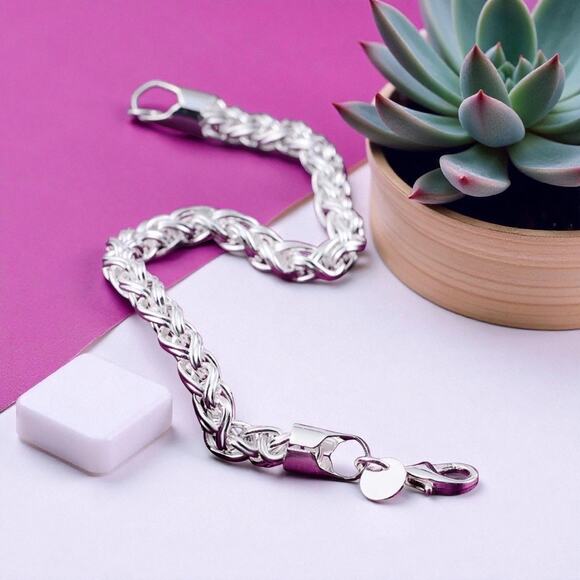 925 Sterling Silver Stamp Wheat Chain Bracelet Bulky 7” Unisex Bracelet - Picture 3 of 6